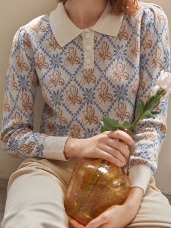 Simple retro Sweaters - Simple Retro knit polo sweater  small patterned design with a vintage